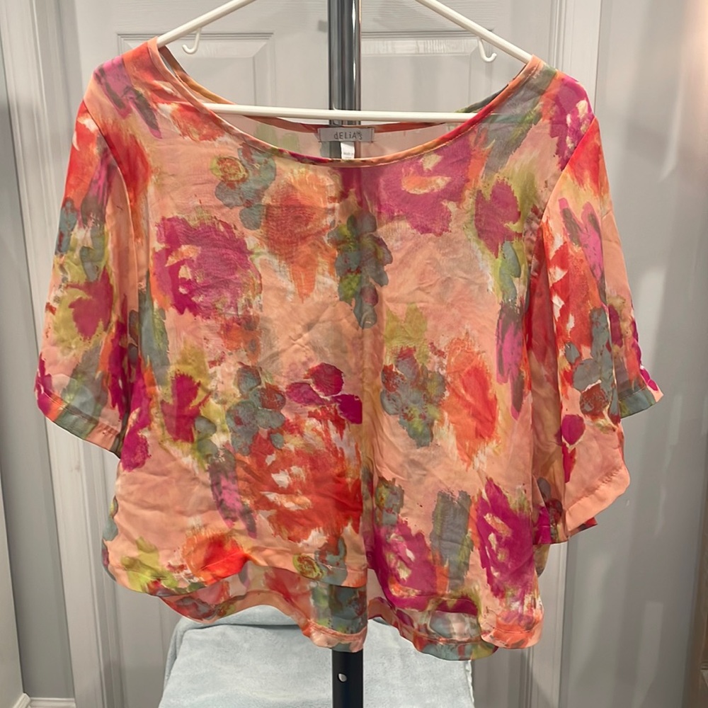 Sheer Flower Pattern Crop Shirt